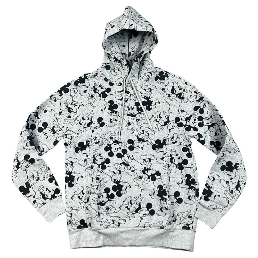 H&M Disney Mickey Mouse Hoodie Mens M Gray All Over Print Pullover Sweatshirt